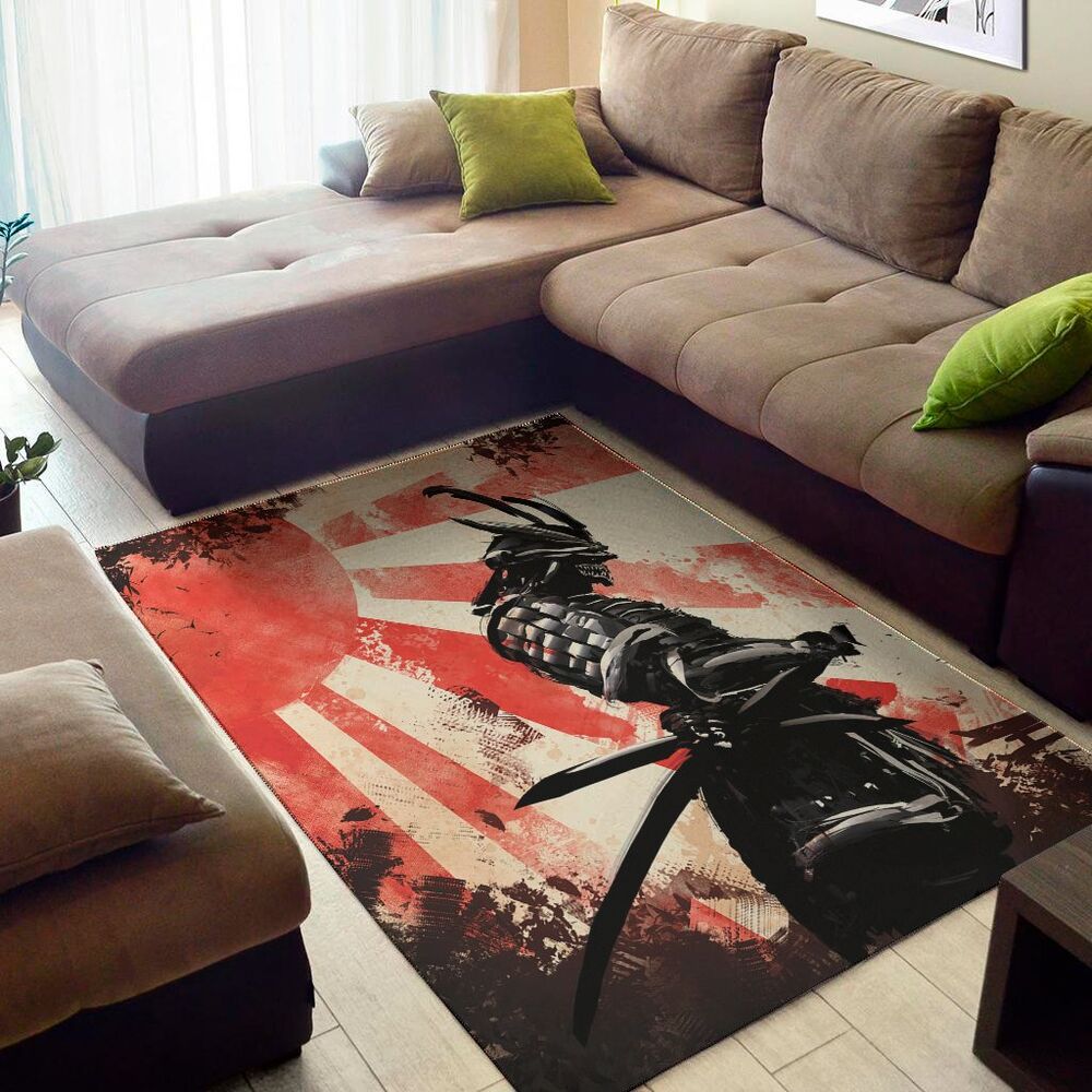red rising sun samurai print area rug floor decor 7690
