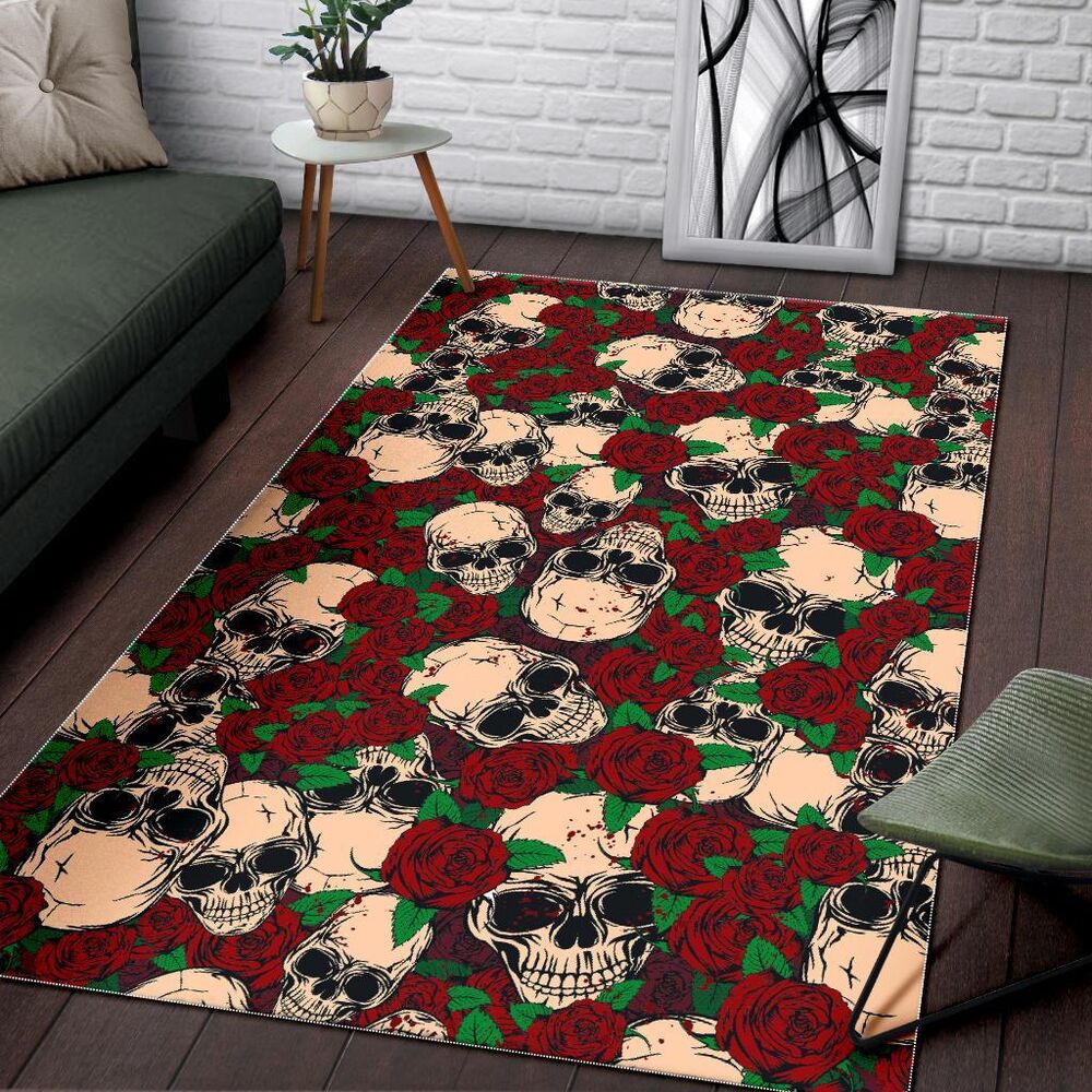 Red Rose Skull Pattern Print Area Rug Floor Decor red rose skull pattern print area rug floor decor 1306