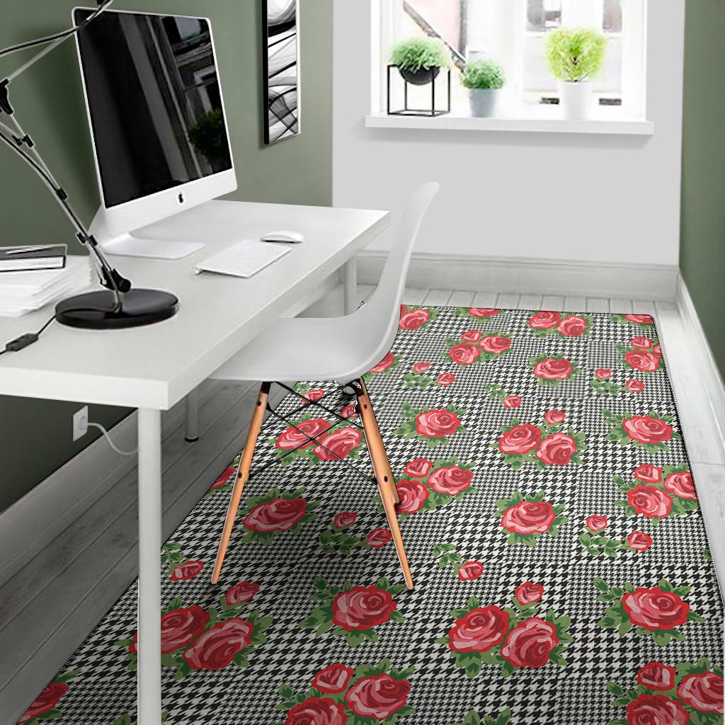 red roses houndstooth pattern print area rug floor decor 6732
