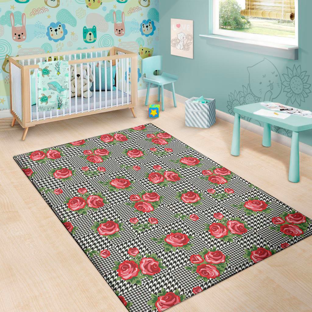 red roses houndstooth pattern print area rug floor decor 6872