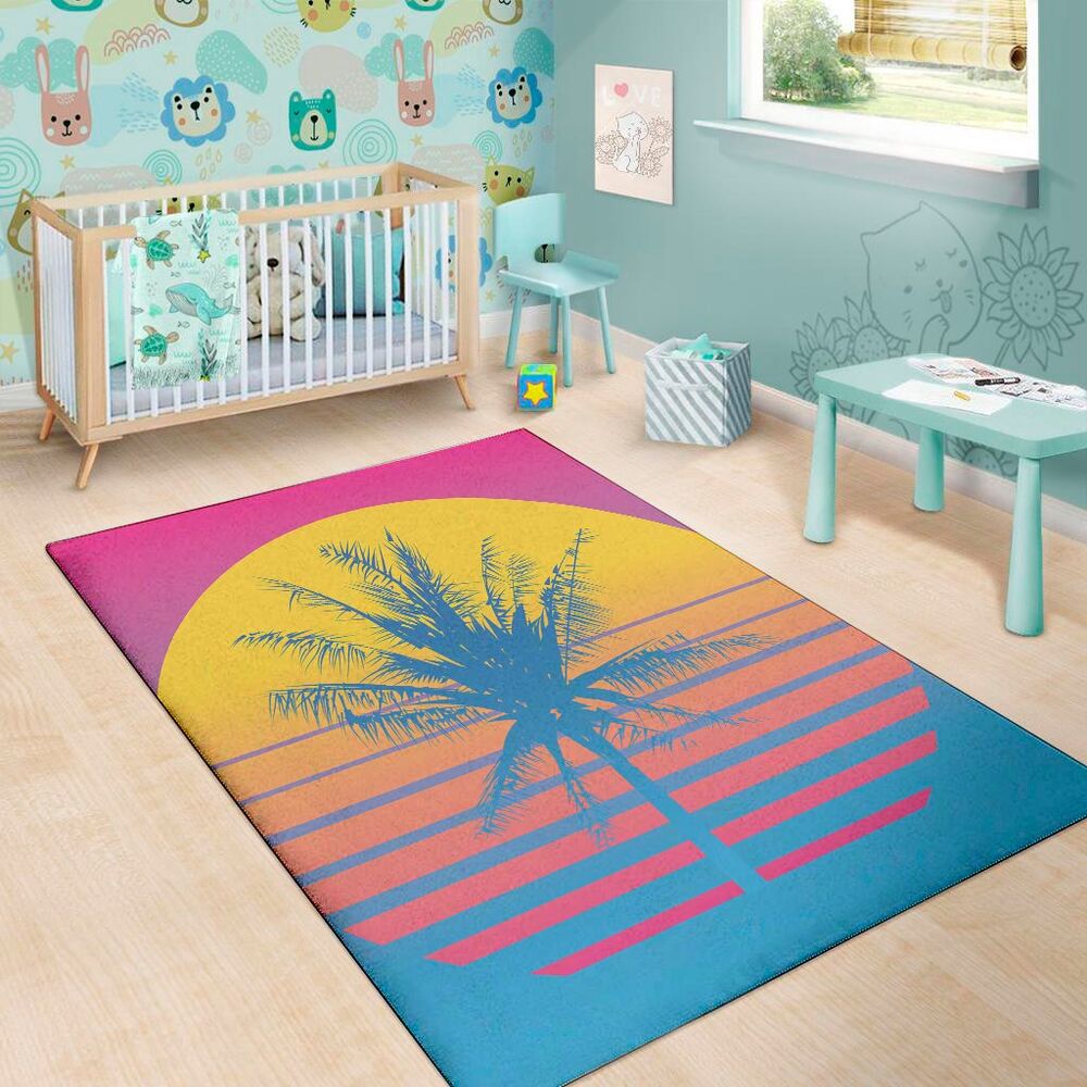 retrowave sunset palm tree print area rug floor decor 1451