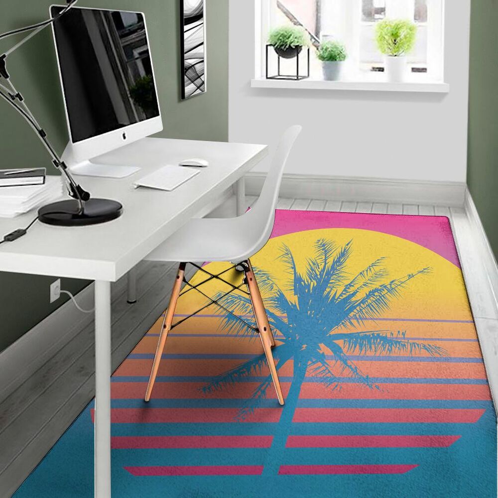 retrowave sunset palm tree print area rug floor decor 3144