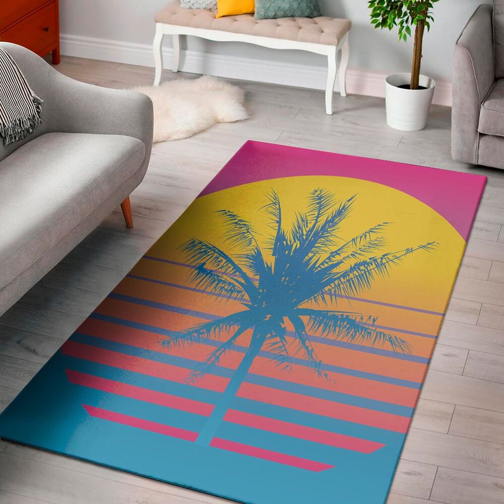 retrowave sunset palm tree print area rug floor decor 4943