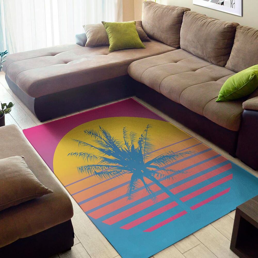 retrowave sunset palm tree print area rug floor decor 7037