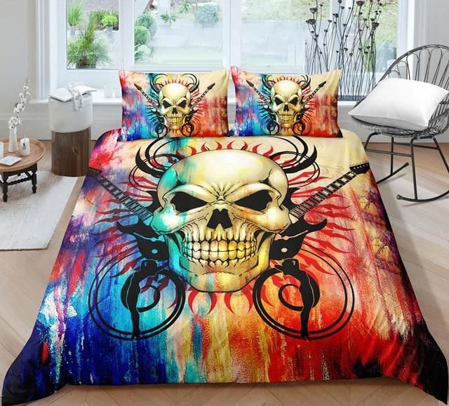 rock guitar skull colored printed bedding set bedroom decor 4653