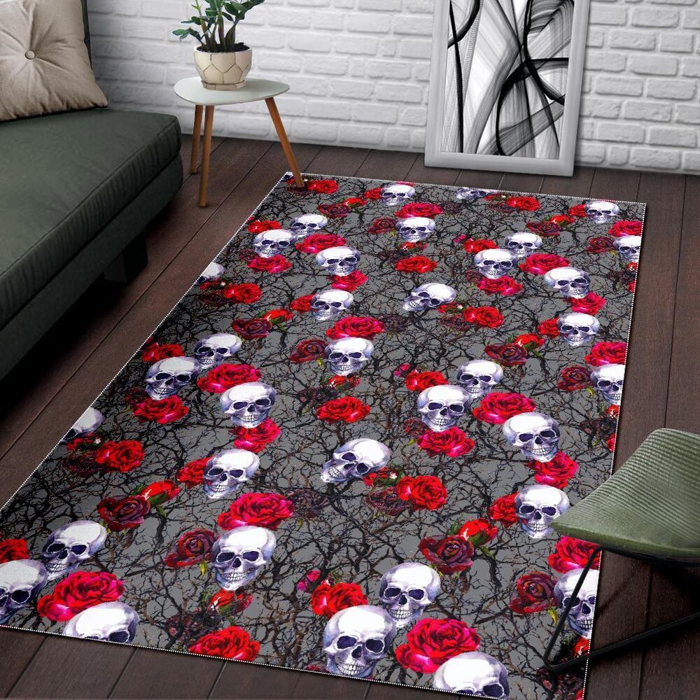 Rose Branch Skull Pattern Print Area Rug Floor Decor rose branch skull pattern print area rug floor decor 4639