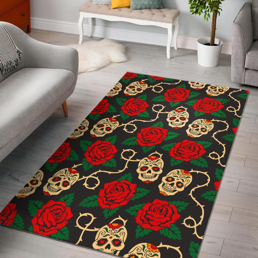 rose flower sugar skull pattern print area rug floor decor 3824