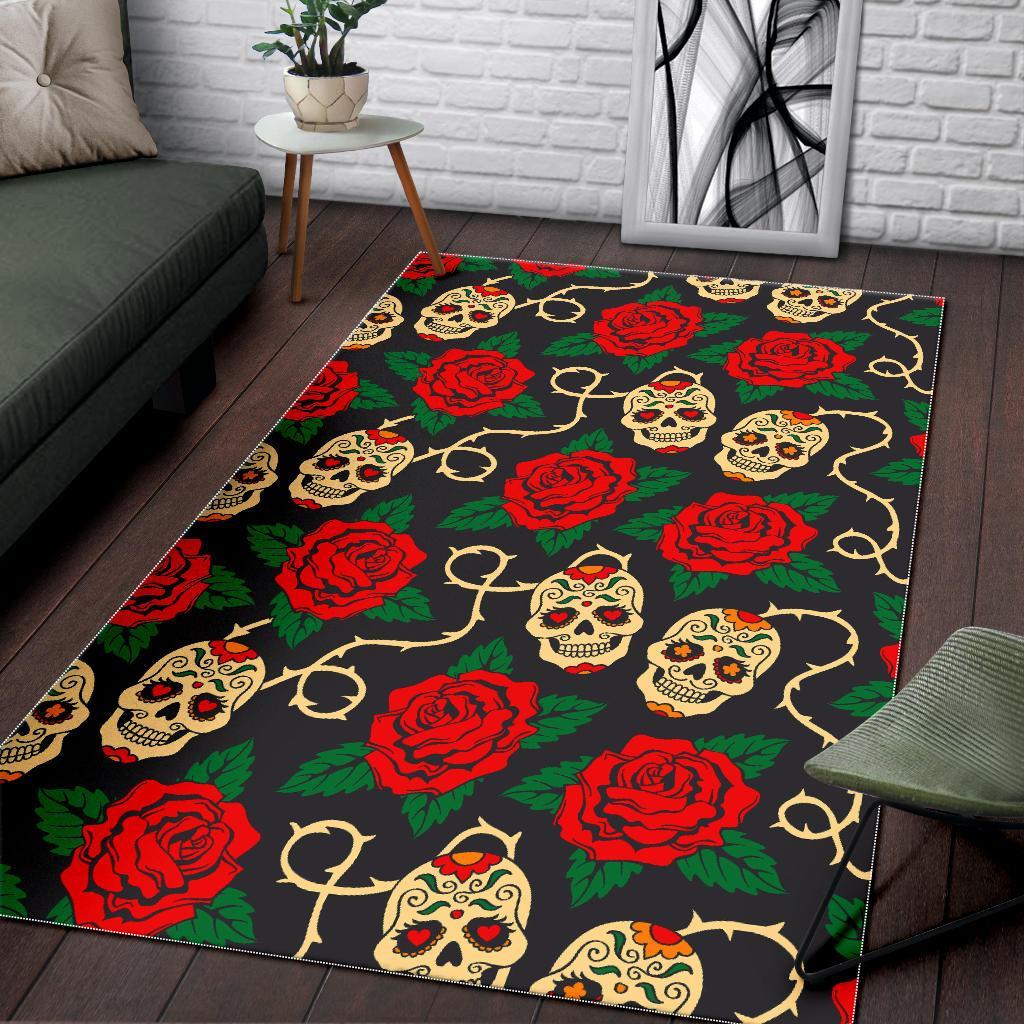 rose flower sugar skull pattern print area rug floor decor 6185