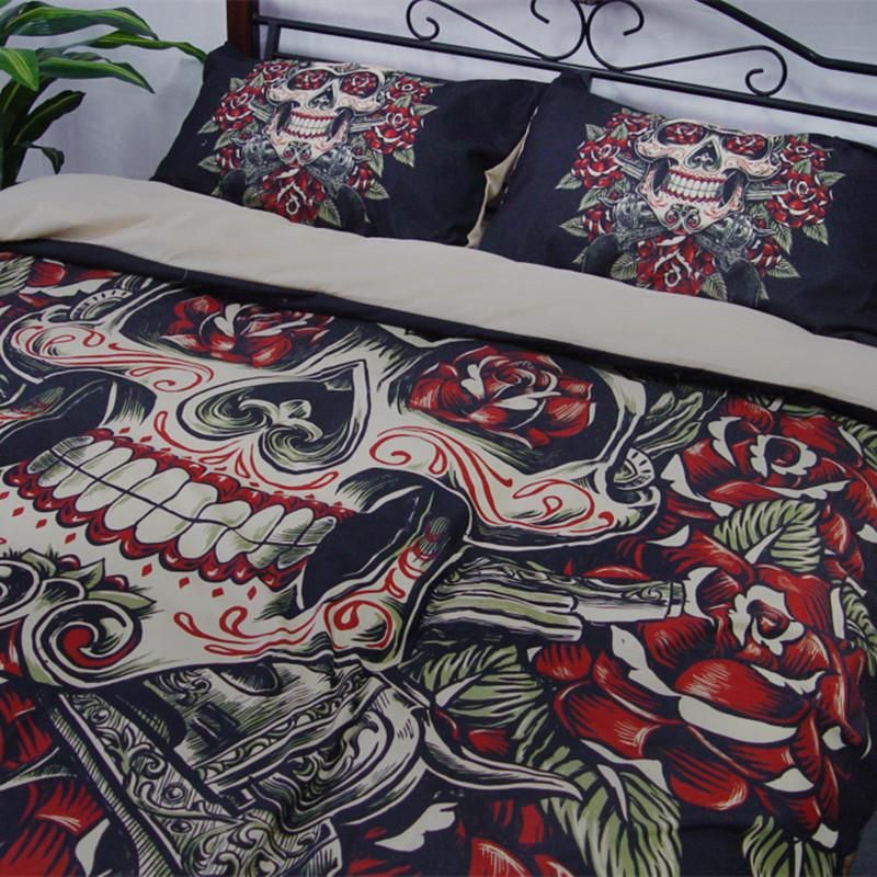 rose skull sugar pistol printed bedding set bedroom decor 1511