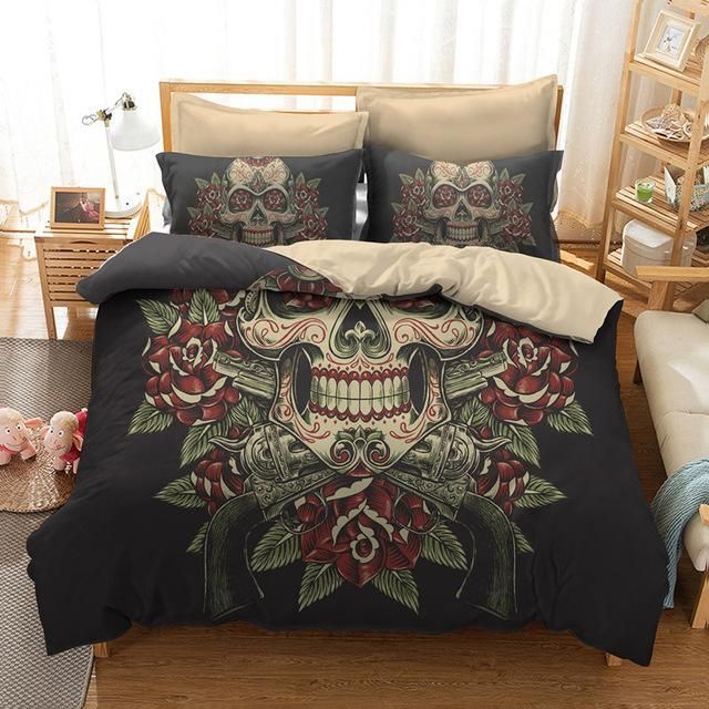 rose skull sugar pistol printed bedding set bedroom decor 3040