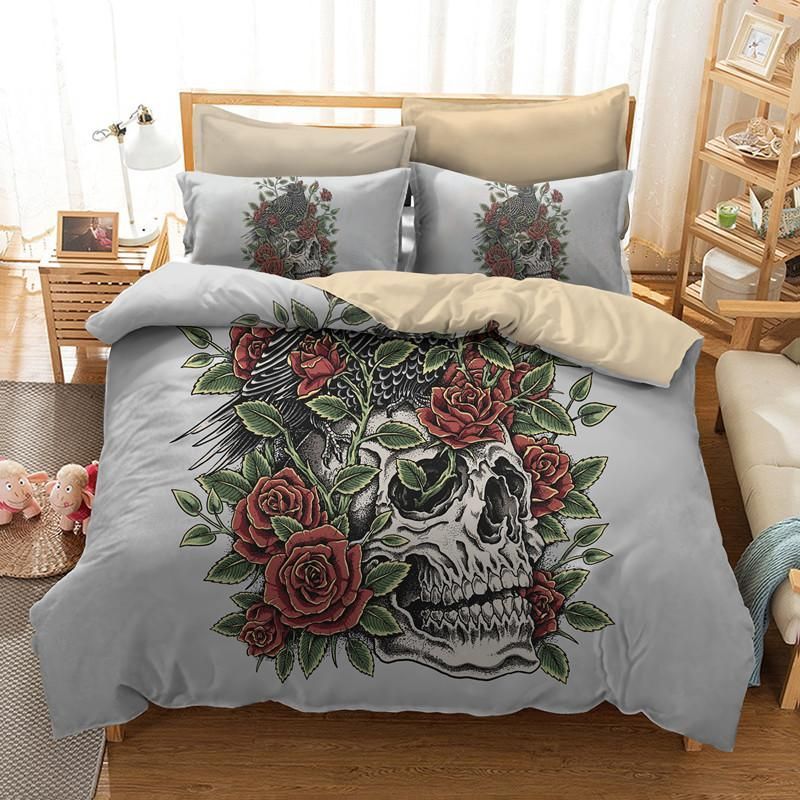 rose skull sugar pistol printed bedding set bedroom decor 3196