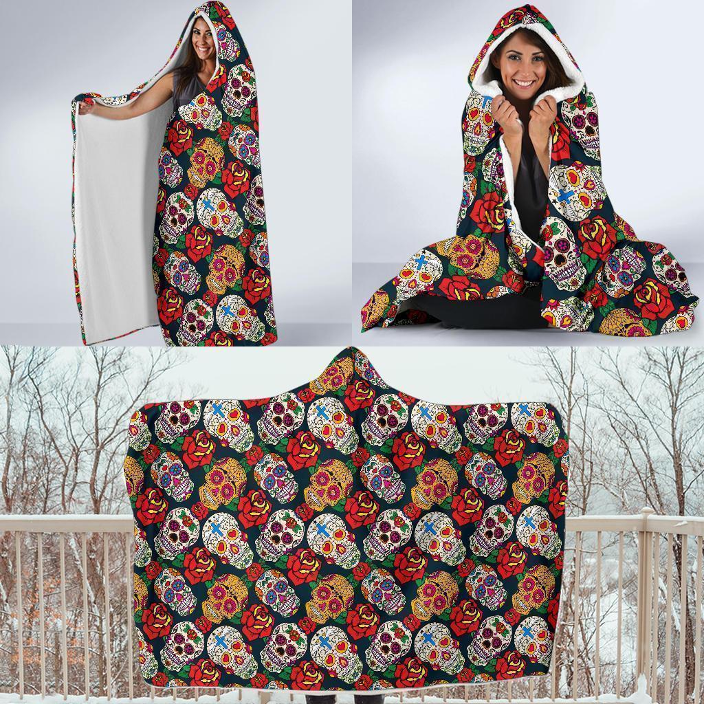 rose sugar skull skeleton girly floral pattern print hooded blanket cloak blanket 2564