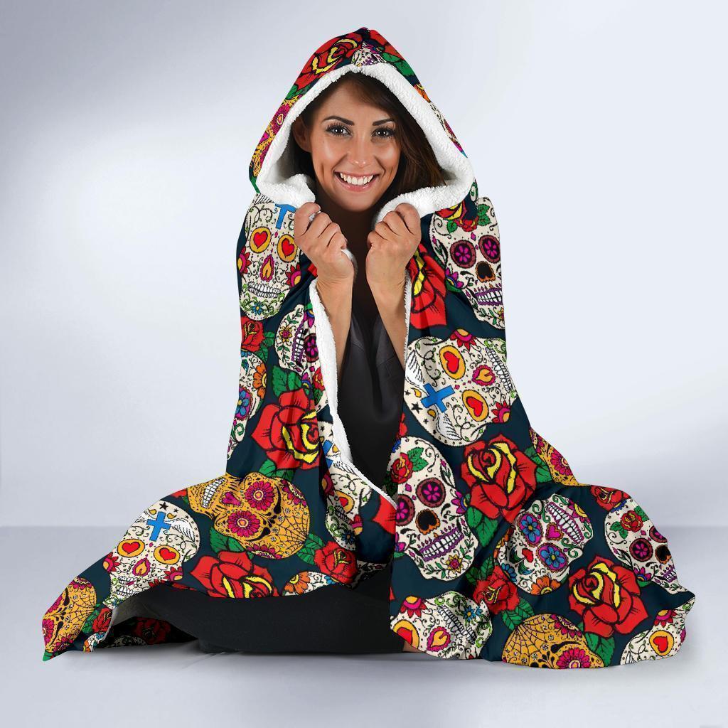 rose sugar skull skeleton girly floral pattern print hooded blanket cloak blanket 3252