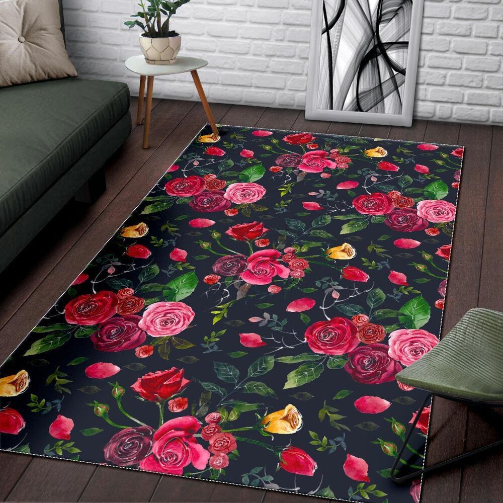 Roses Floral Flower Pattern Print Area Rug Floor Decor roses floral flower pattern print area rug floor decor 1401