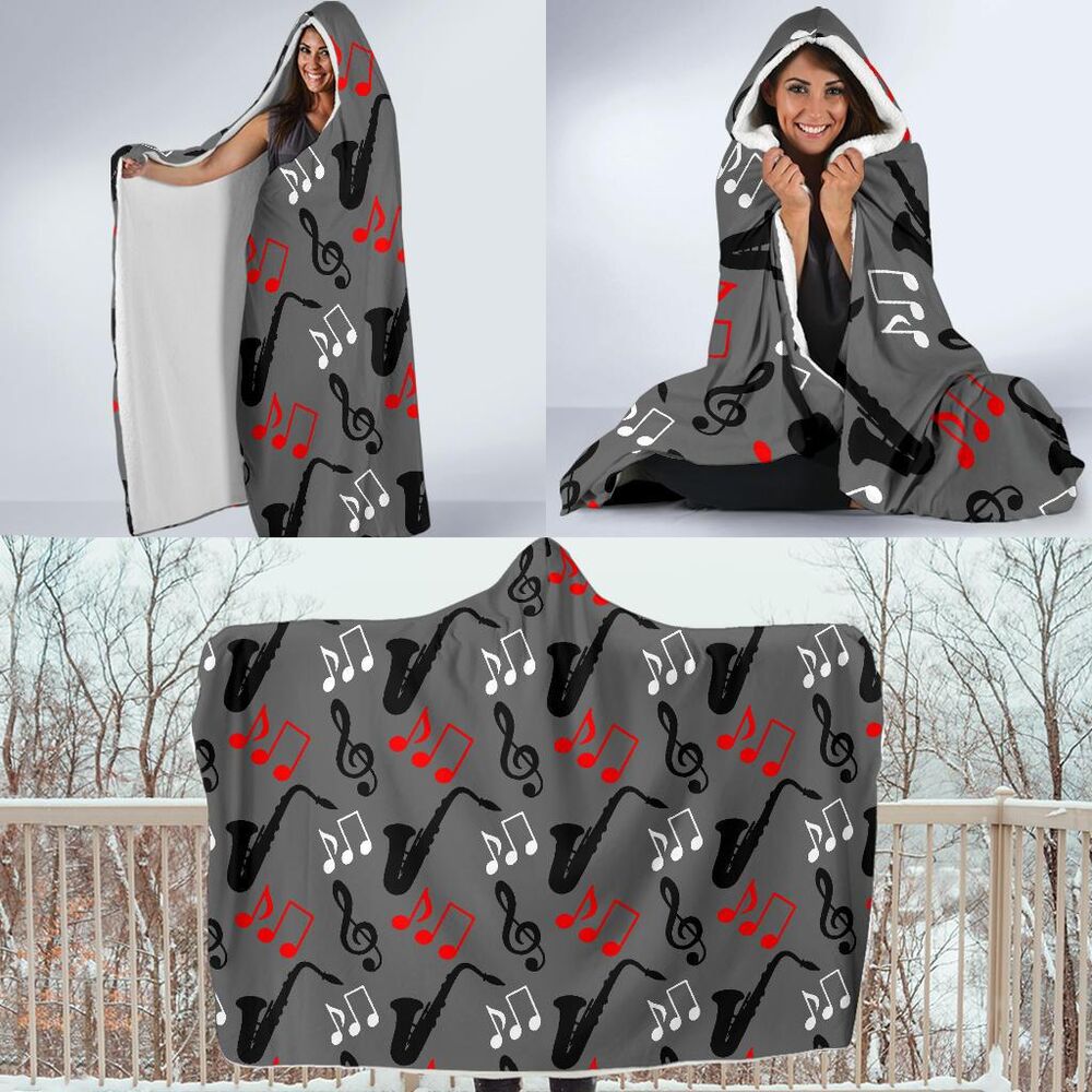 Saxophone Pattern Print Hooded Blanket Cloak Blanket