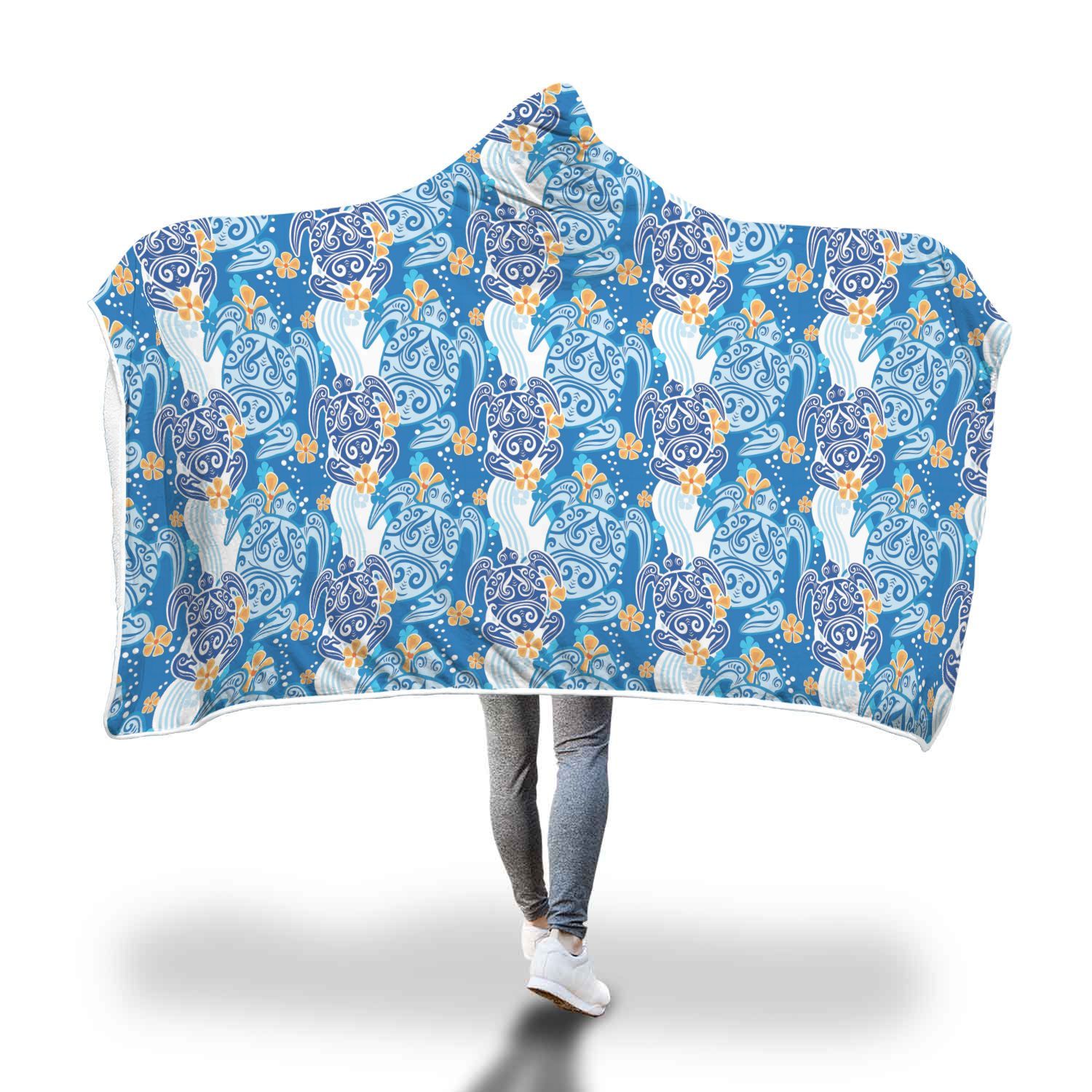 sea turtle hawaiian blue pattern print hooded blanket cloak blanket 3439