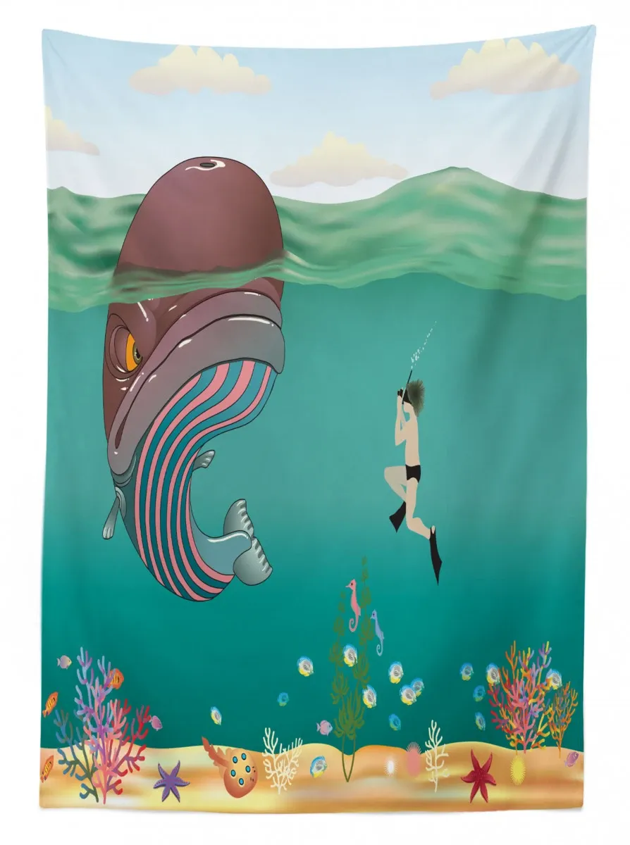 Shells Whale With Scuba 3D Printed Tablecloth Table Decor shells whale with scuba 3d printed tablecloth table decor 1023