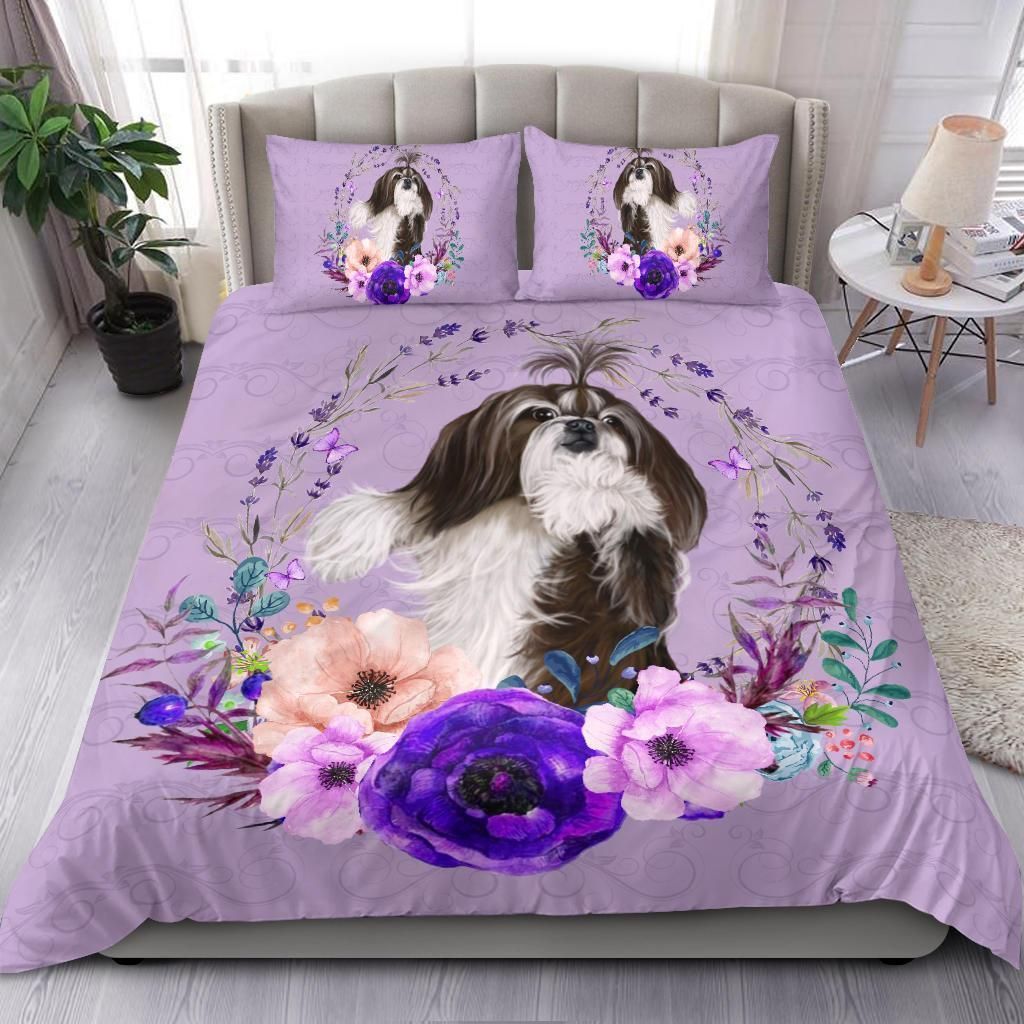 shih tzu flower purple bedding set bedroom decor 2961