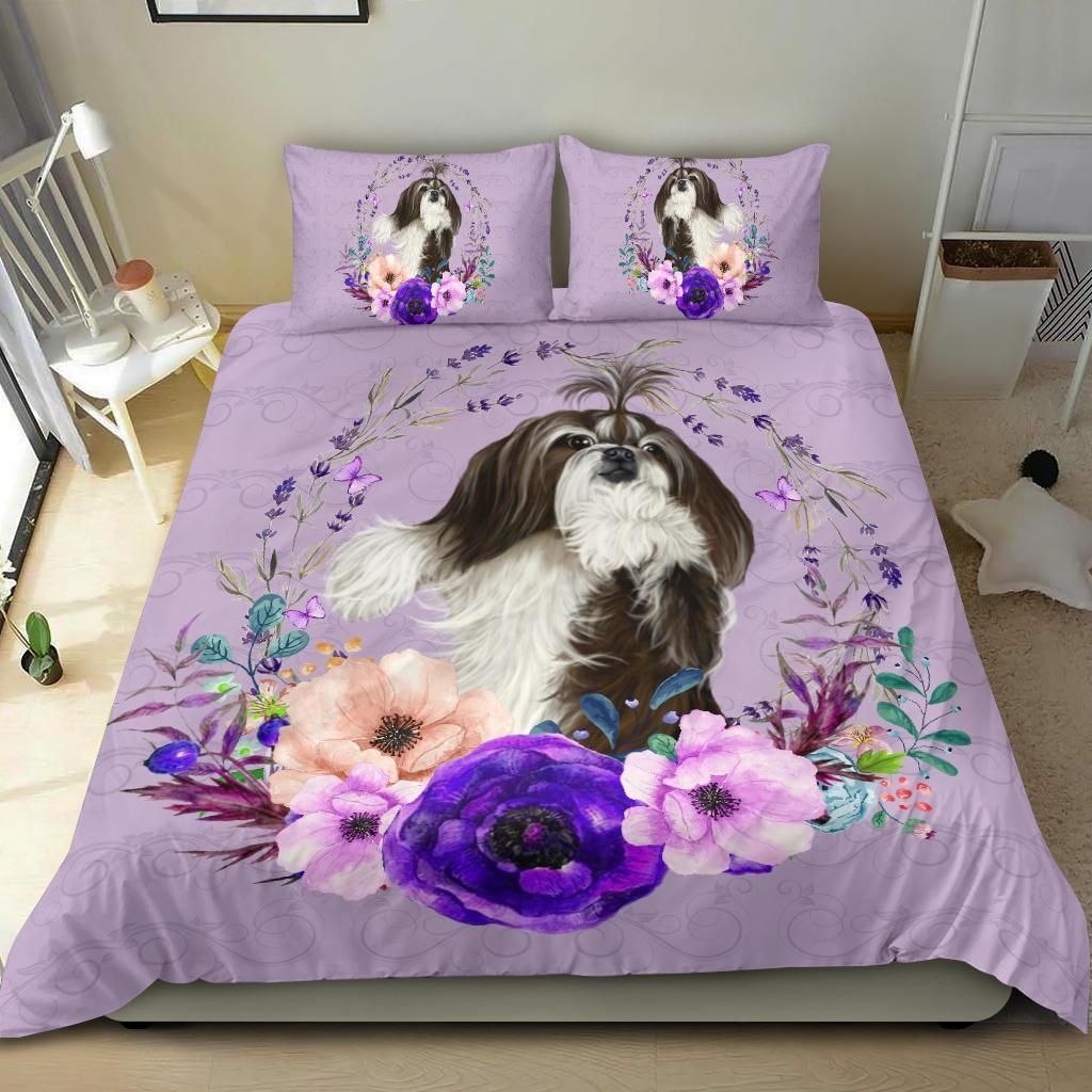shih tzu flower purple bedding set bedroom decor 7881