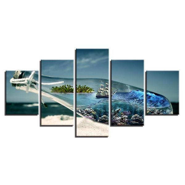 ship in a bottle abstract 5 panel canvas art wall decor 7007