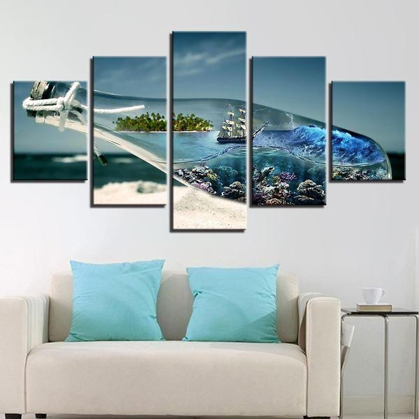 ship in a bottle abstract 5 panel canvas art wall decor 7780