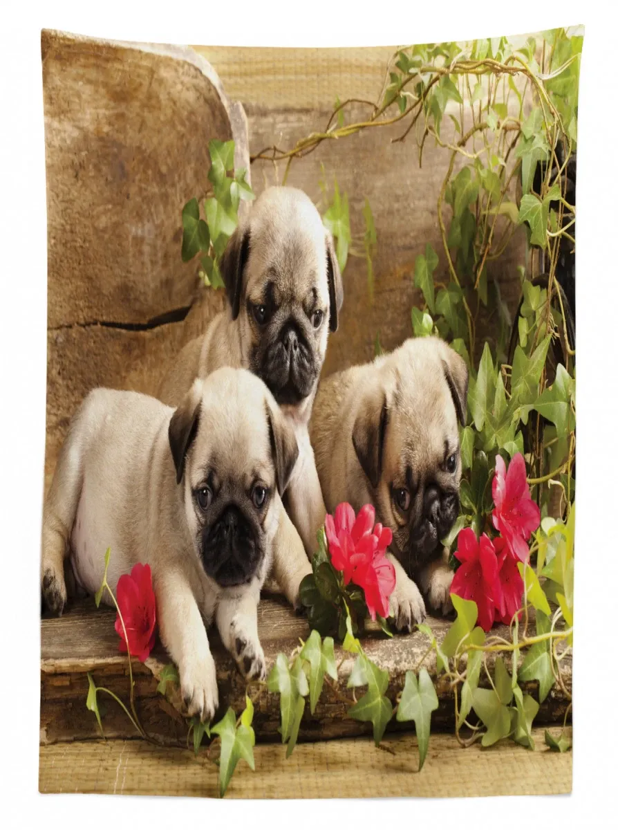 sibling puppies flowers 3d printed tablecloth table decor 2746