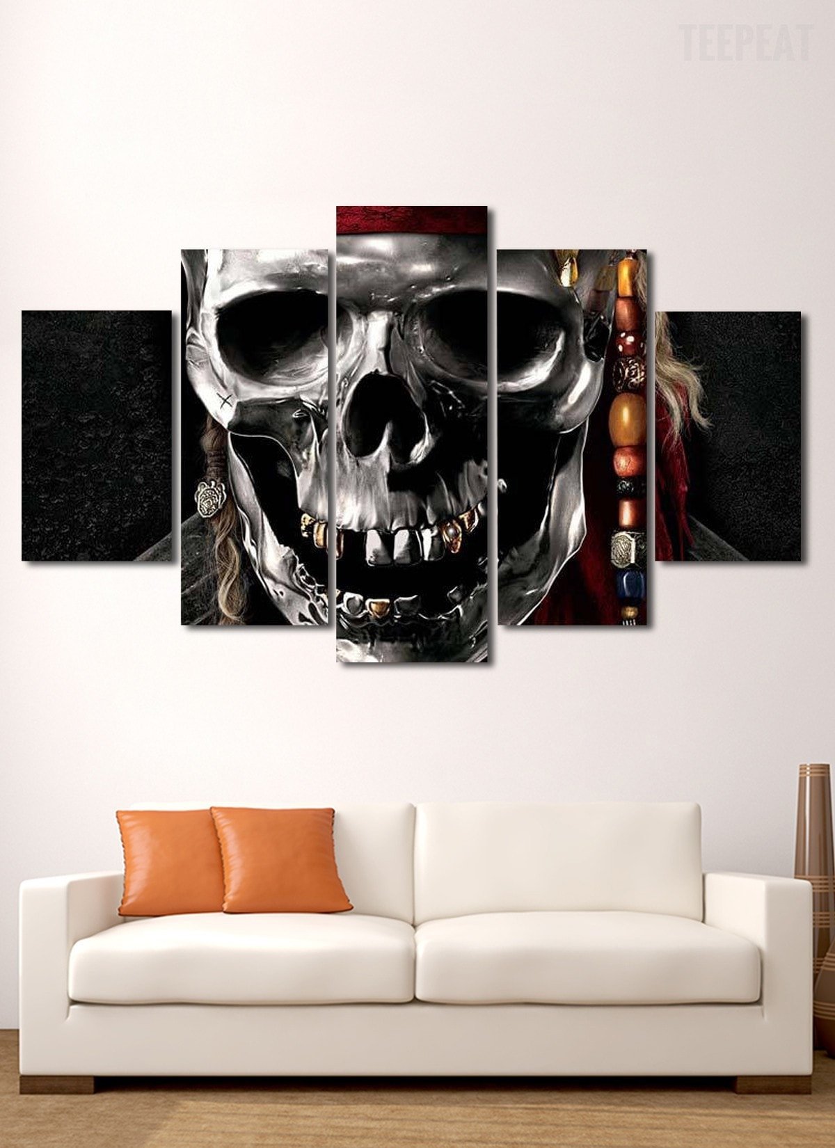 silver metal skull abstract 5 panel canvas art wall decor 1220
