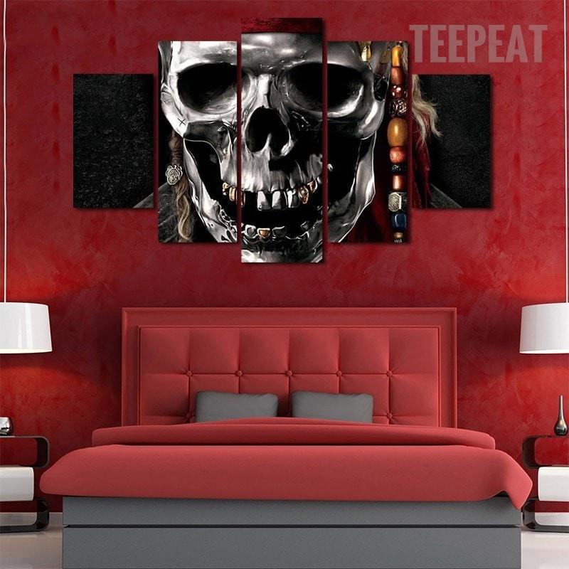 silver metal skull abstract 5 panel canvas art wall decor 5316