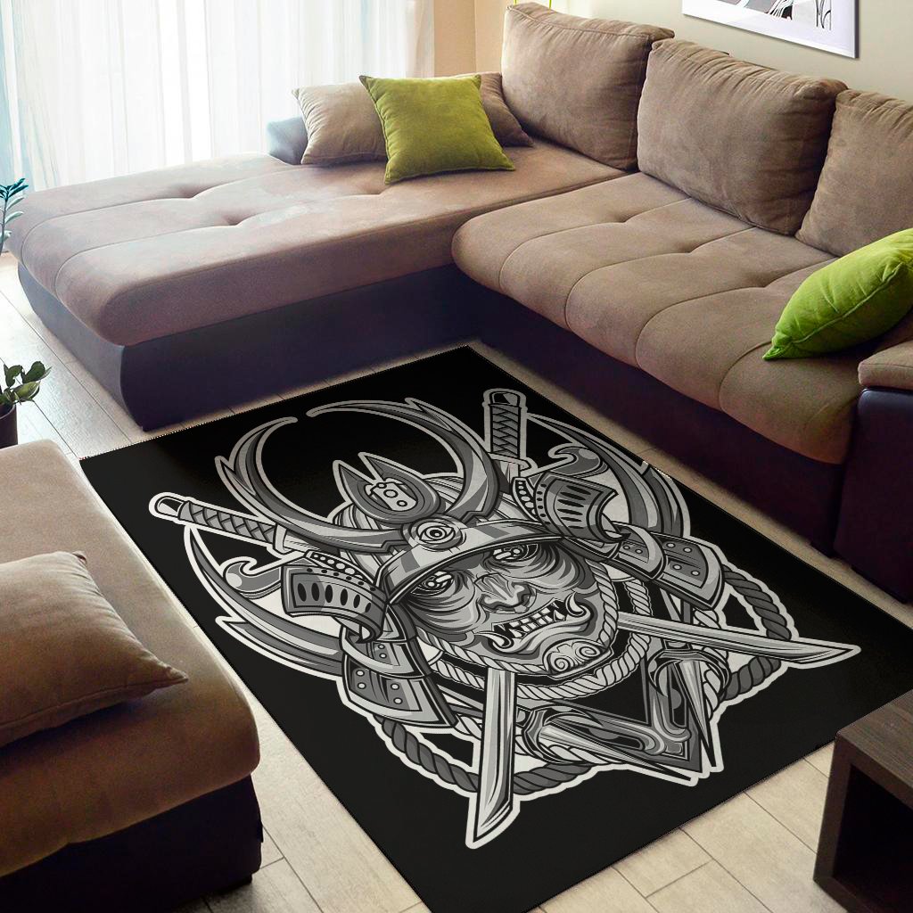 Silver Samurai Mask Print Area Rug Floor Decor silver samurai mask print area rug floor decor 1562