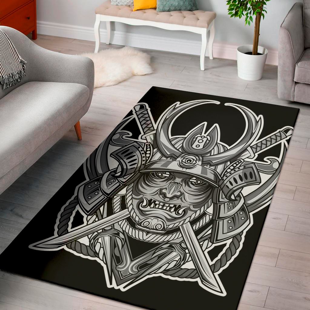 Silver Samurai Mask Print Area Rug Floor Decor silver samurai mask print area rug floor decor 2692