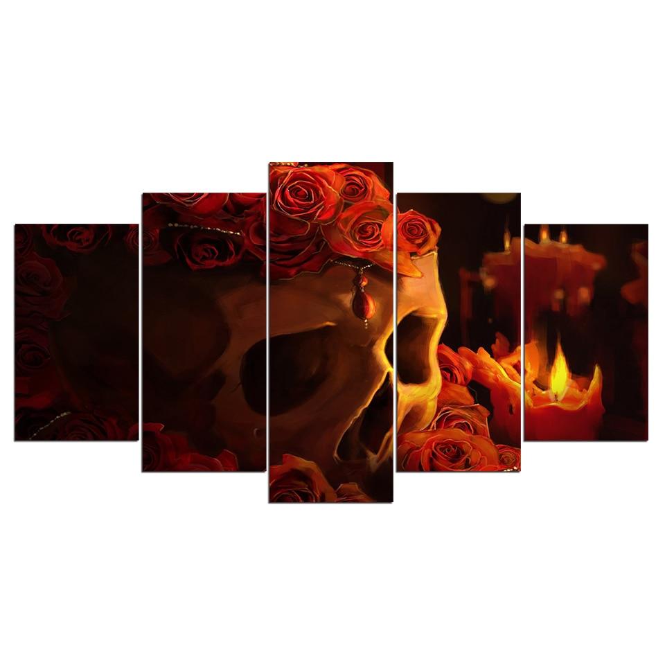 skull and pink roses in candlelight abstract 5 panel canvas art wall decor 5423