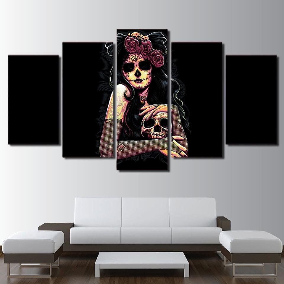 skull day of the dead face abstract 5 panel canvas art wall decor 2345