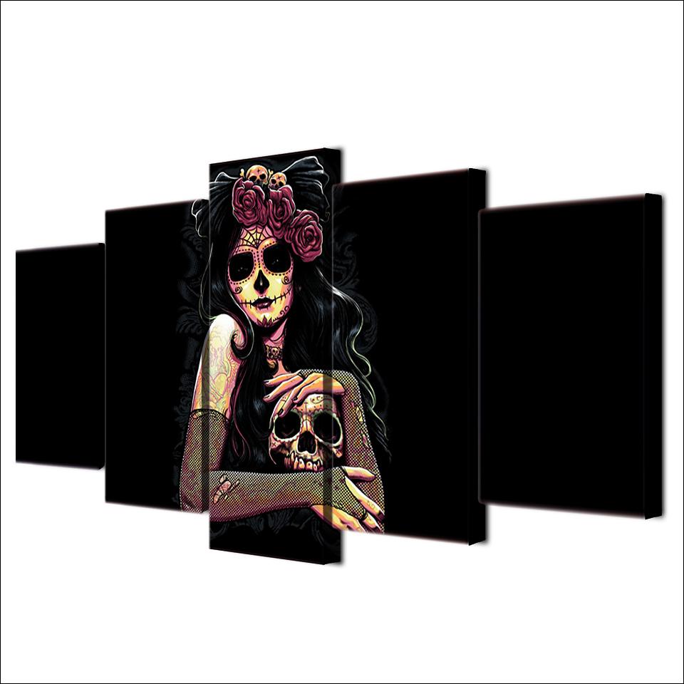 skull day of the dead face abstract 5 panel canvas art wall decor 8637
