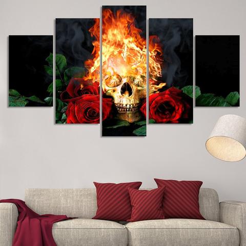 skull on fire abstract 5 panel canvas art wall decor 5863