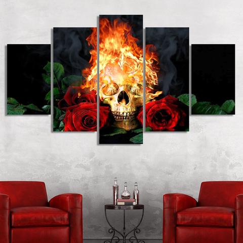 skull on fire abstract 5 panel canvas art wall decor 7009