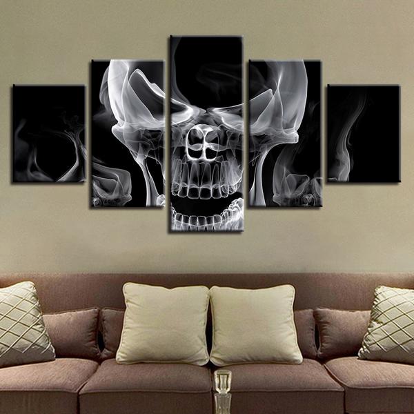 skull smoke smoking black and white abstract 5 panel canvas art wall decor 2689
