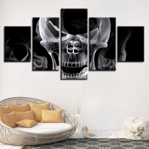 skull smoke smoking black and white abstract 5 panel canvas art wall decor 8031