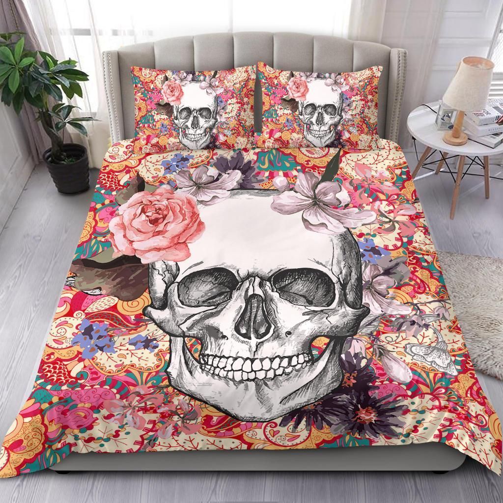 skull with pink rose pattern bedding set bedroom decor 1059