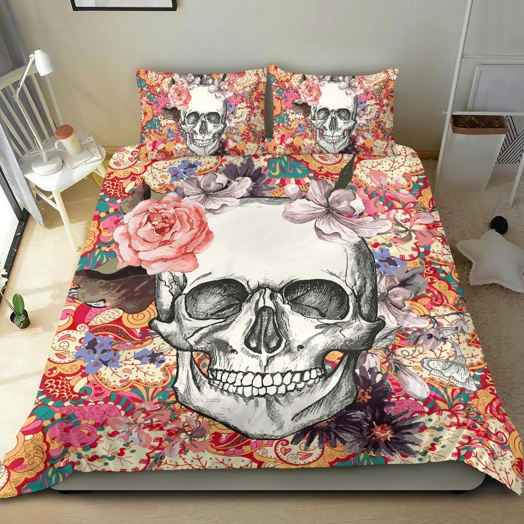 skull with pink rose pattern bedding set bedroom decor 3063