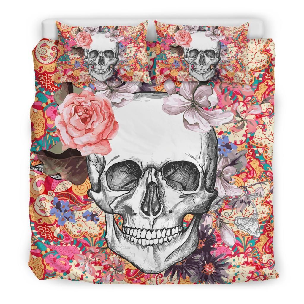 skull with pink rose pattern bedding set bedroom decor 7840