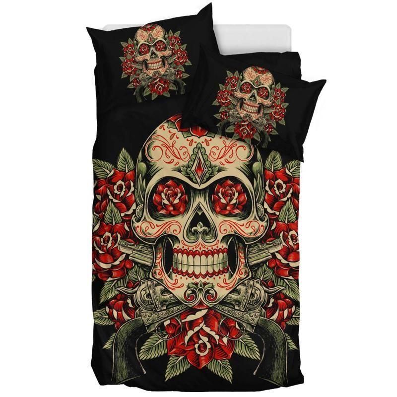 skull with rose pattern bedding set bedroom decor 2076