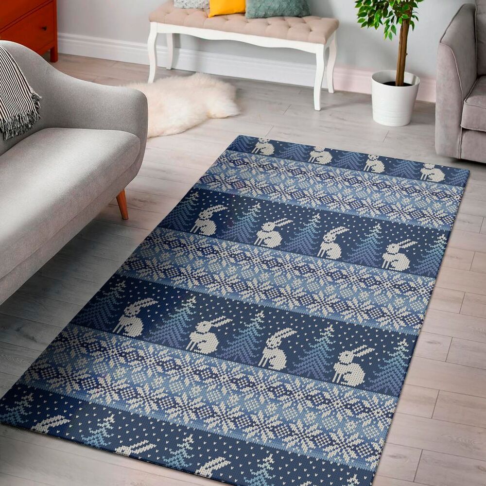 snow rabbit knitted pattern print area rug floor decor 1725