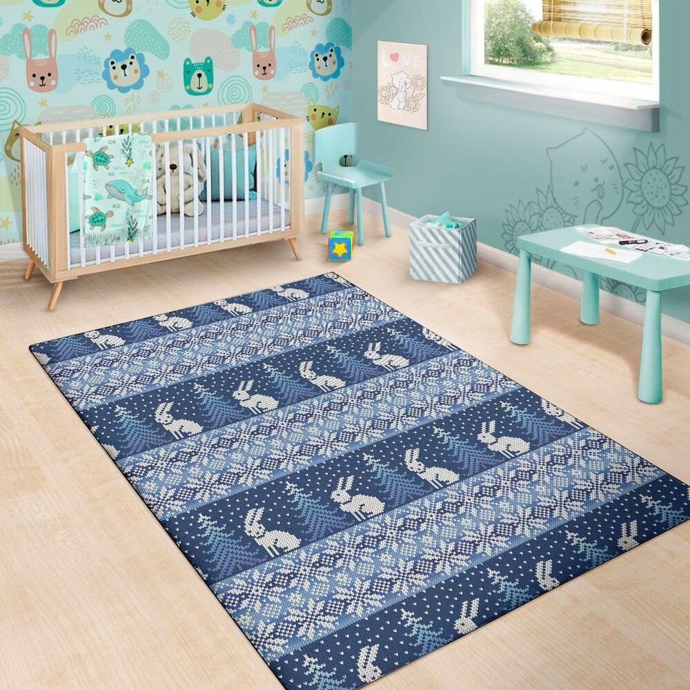 snow rabbit knitted pattern print area rug floor decor 5153