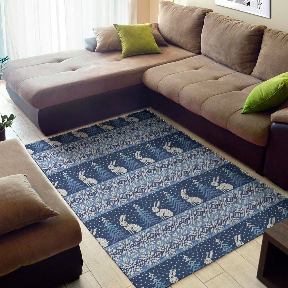 snow rabbit knitted pattern print area rug floor decor 5914