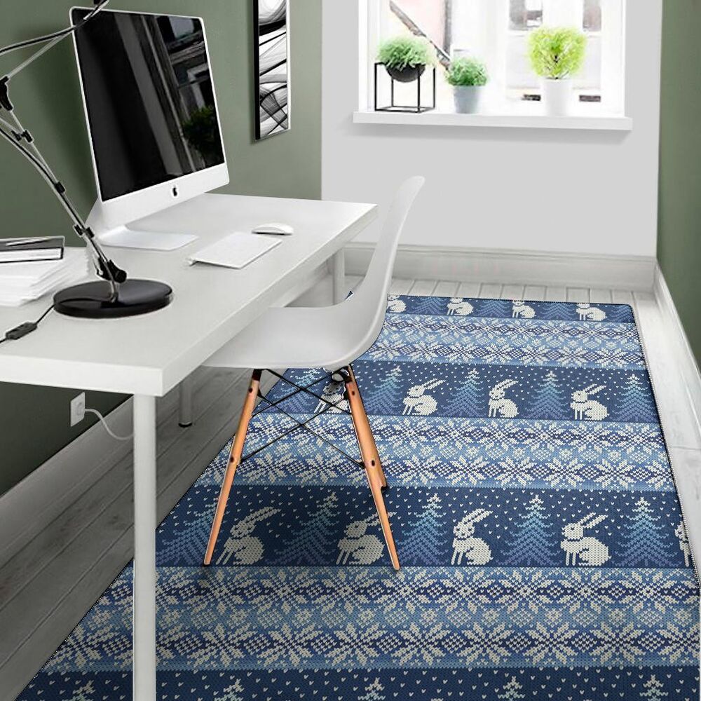 snow rabbit knitted pattern print area rug floor decor 7435