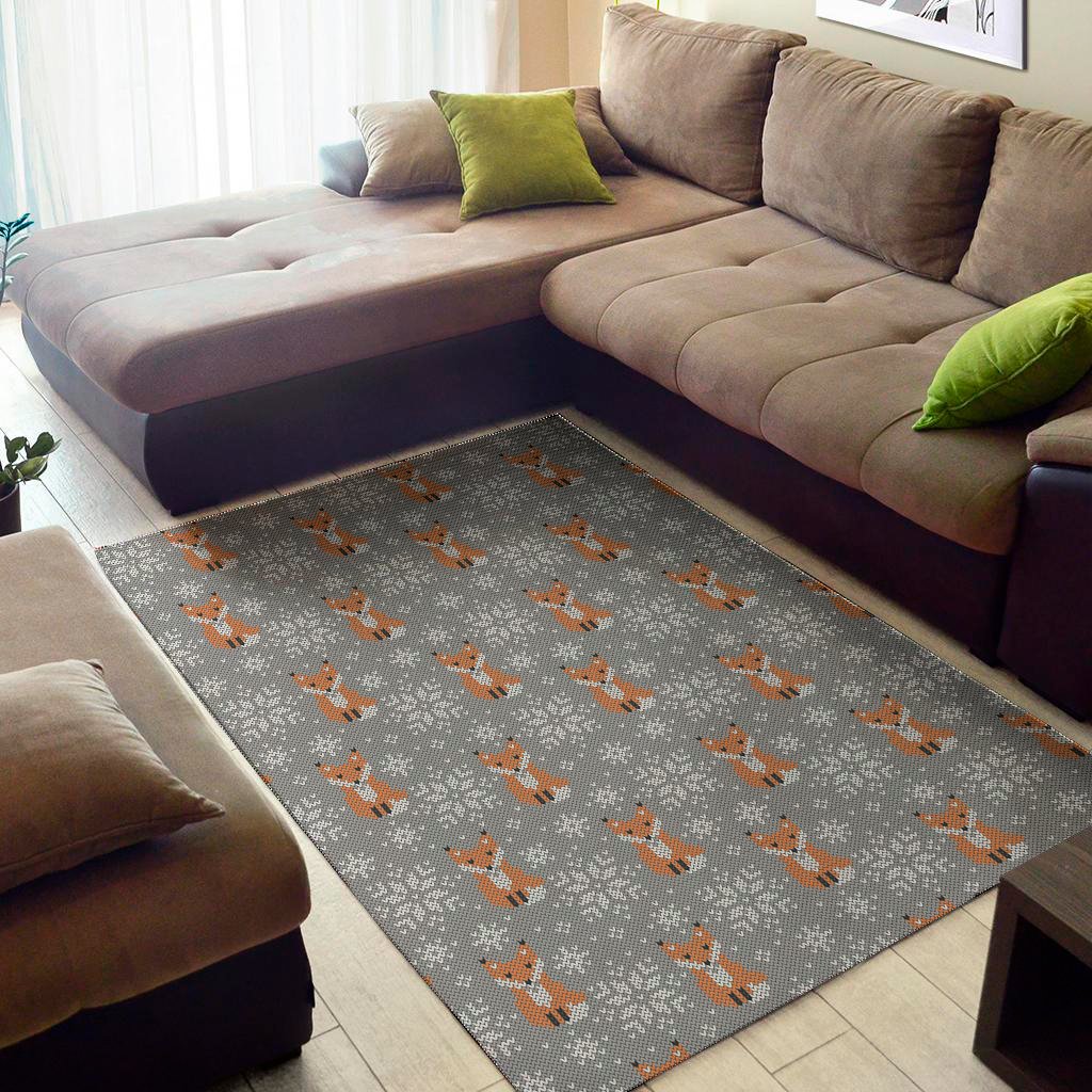 Snowy Fox Knitted Pattern Print Area Rug Floor Decor