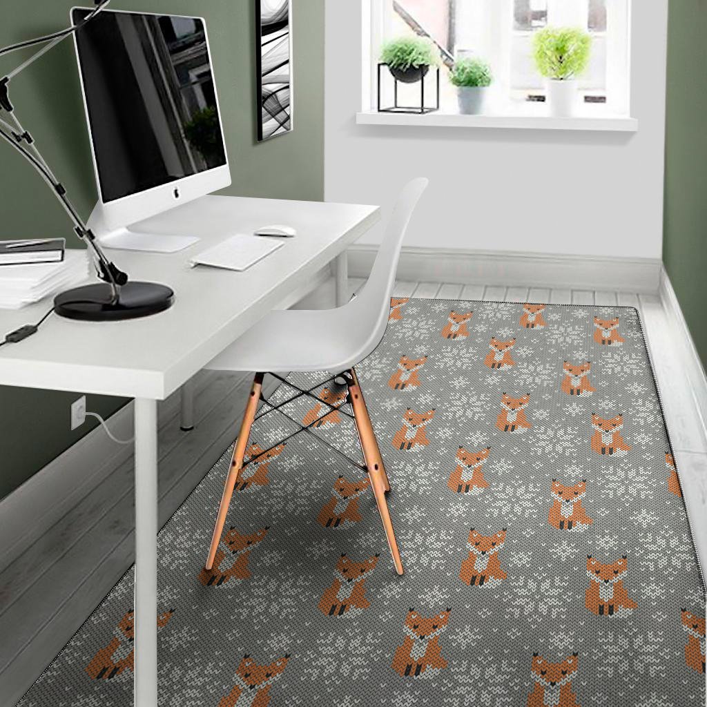 Snowy Fox Knitted Pattern Print Area Rug Floor Decor