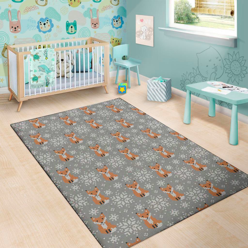 Snowy Fox Knitted Pattern Print Area Rug Floor Decor