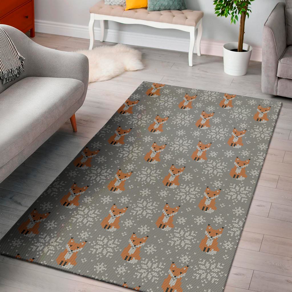 Snowy Fox Knitted Pattern Print Area Rug Floor Decor