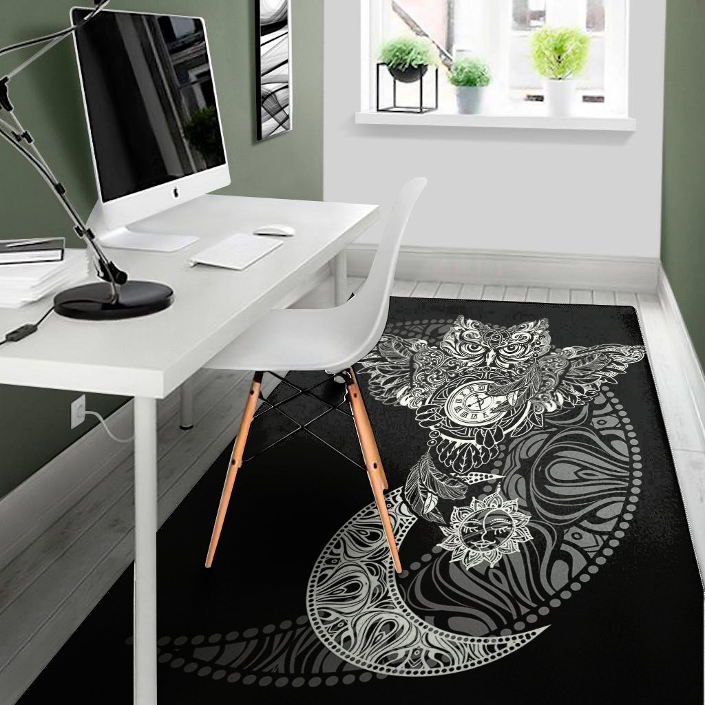 spiritual owl with sun and moon print area rug floor decor 2966